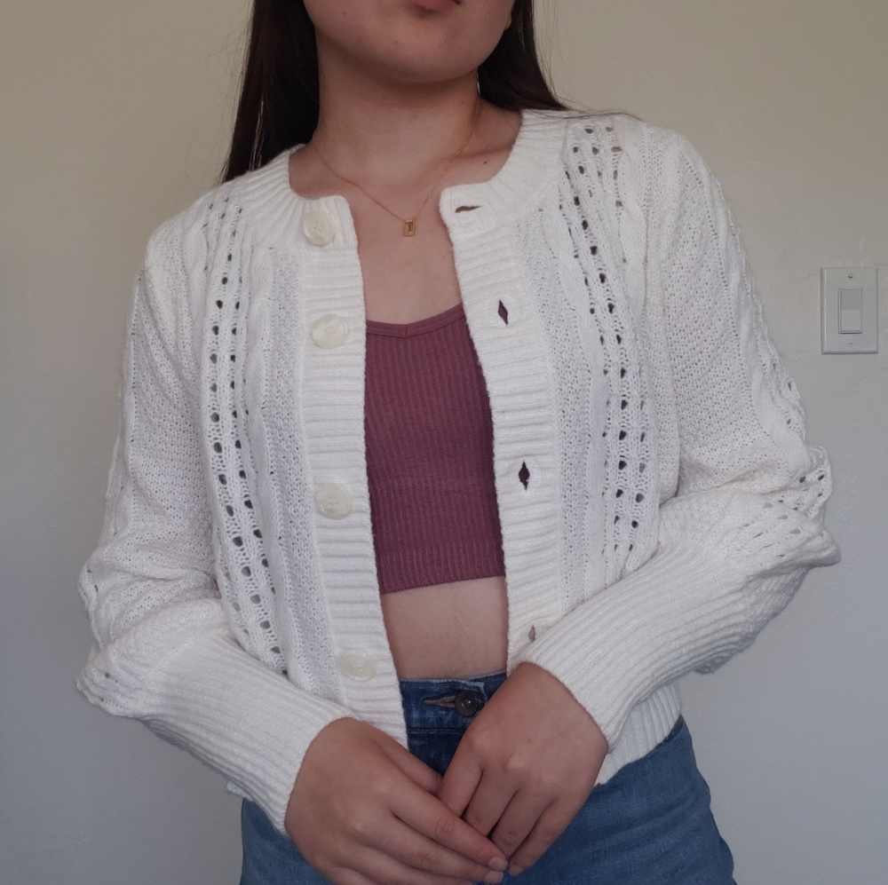 wild fable White Open-Knit Button Cardigan